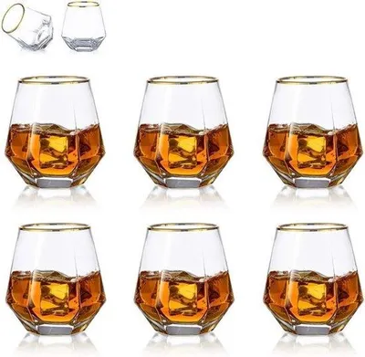Productafbeelding van Set van 6 whiskyglazen van diamantglas - Moderne tumblerglazen voor whisky, bourbon en rum - 300 ml