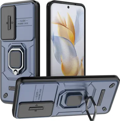 Immagine prodotto di Custodia per Honor 90 a doppio strato con protezione scorrevole della fotocamera e supporto ad anello, supporto blu