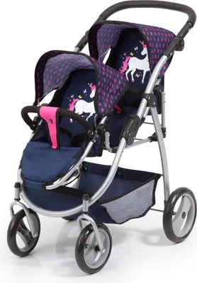 Produktbild von Bayer Design 26554AA Zwillingspuppenwagen, mit integriertem Korb, schwenkbare Vorderräder, blau, rosa, Einhorn