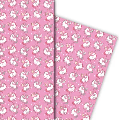Produktbild von Mädchen Geschenkpapier mit geflügeltem Einhorn auf rosa - G7590, 32 x 48cm