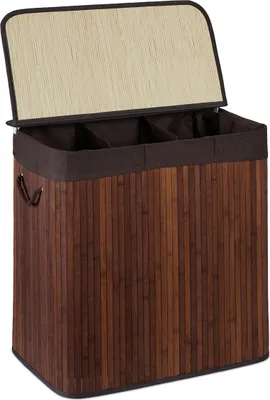 Imagen del producto de Cesta para la ropa Relaxdays, con 3 compartimentos, con tapa, organizador rectangular para la ropa, dimensiones: 62 x 62,5 x 42,5 cm, fabricada en bambú, color marrón
