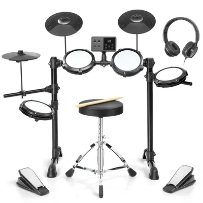 Produktbild von FCH E-Drum-Set，Komplettset, Kopfhörer Sticks Drumhocker ，mit 4 Pads und 3 Becken， Kinder Elektronisches Schlagzeug Set