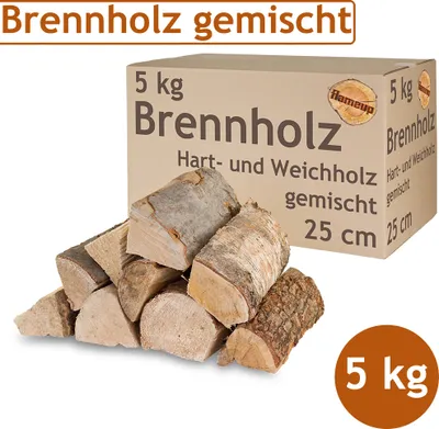 Obrázek produktu pro Palivové dřevo Smíšené palivové dřevo 5 kg Buk Dub Bříza Borovice Smrk Dřevo pro kamna a krb Krbová mísa Grilovací dřevo 25 cm Komorové dřevo Sušené Flameup