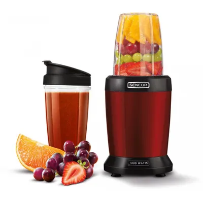 Produktbild von SENCOR SNB 4301RD Nutri mixér, poháry s objemem 0,8 a 1,0 l, materiál Tritan zaručuje zvýšenou bezpečnost, šest nožů z nerezové oceli, 20.000 ot./min, příkon: 1000 W