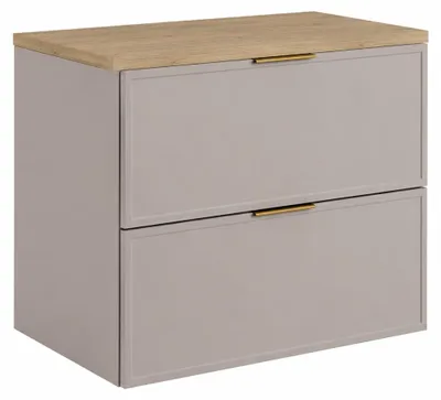 Produktbild von Badezimmerschrank hängend 60 mit Schubladen, Korpus in Kaschmir + Platte in Eiche hell, mit Griffen, 60 x 46 x 58,6 cm, KI-generiertes Bild