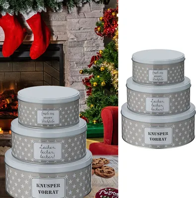 Produktbild von Gebäckdose "Sterne" 3er Set rund grau Weihnachtskekse Weihnachtsgebäck Keksdose Dose Weihnachtsdose