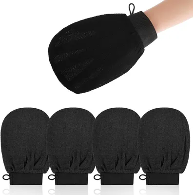 Produktbild von Peelinghandschuh zum Entfernen abgestorbener Haut, 4 Stück Peelinghandschuh Körper Gesicht Peeling Schwamm Exfoliating Gloves Hamam Handschuh für Body Scrub Eingewachsene Haare Damen(Schwarz)