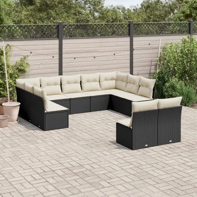 Image de vidaXL Ensemble de salon de jardin 11 pièces avec coussins noir poly rotin