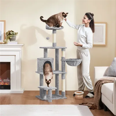 A woman is interacting with two cats on a multi-level cat tree in a living room setting.