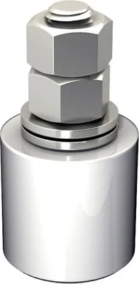A 3D rendering of a metal roller assembly with nuts and washers.