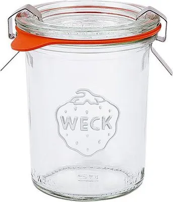 A clear, studio shot of a Weck mini-sturzglas jar.