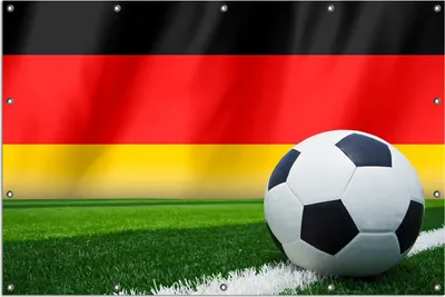 Produktbild von Wallario Outdoor-Poster für Garten oder Balkon, Motiv Fußball vor einer Deutschlandflagge, in ca. 120 x 180 cm