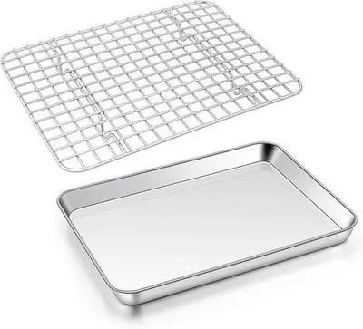 Productafbeelding van Roestvrijstalen bakplaat met koelrooster - Rechthoekige taartplaat, vaatwasmachinebestendig, 26,5 x 20,5 x 2,5 cm