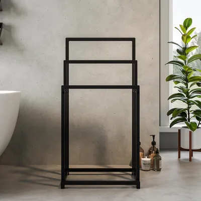Image de Étagère à serviettes autoportante - salle de bain moderne - 1 pièce - noir - acier