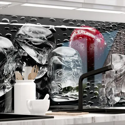 Produktbild von Küchenrückwand selbstklebend Glasoptik - KIRSCHEN UND EIS - 1.8mm, versteift, alle Untergründe, Hart PET Material, PREMIUM 60 x 80cm