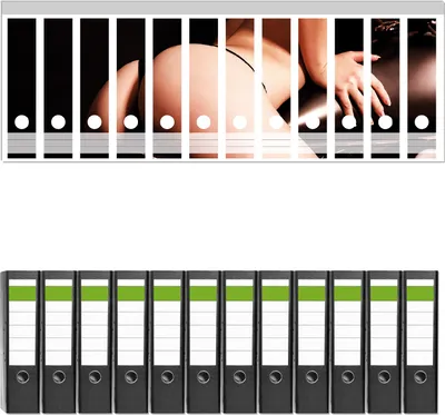 Produktbild von Wallario 12 Stück breite Ordner inkl. Klebeetiketten mit Motive Sexy Frau auf Motorrad -  Set mit Rückenschildern / Ordnerrücken Stickern