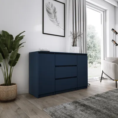 Zdjęcie produktu dla Komoda z 2 drzwiczkami i 3 szufladami, granatowa 120 x 39 x 78 cm