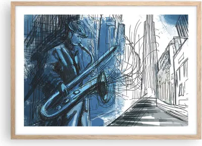 Produktbild von Gerahmtes Poster - Rahmen in heller Eiche - Saxophon Musiker Zeichnen - 70x50 cm - Wand Bild - Wanddeko - Wandbilder - Wandposter - Bilderrahmen - Bilder - Kunstdruck - Wandbild - P2NAA70x50-4148