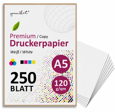 Zdjęcie produktu dla Papier do kopiowania younikat DIN A5 Premium I 120 g/m² I 250 arkuszy w kolorze białym I 148 x 210 mm Pusty I do drukowania, rękodzieła, kartek, papieru do przepisów I odpowiedni do wszystkich popularnych drukarek laserowych i atramentowych I dv1550