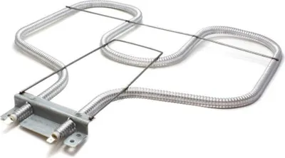 A coiled heating element with metal mounting brackets and springs.