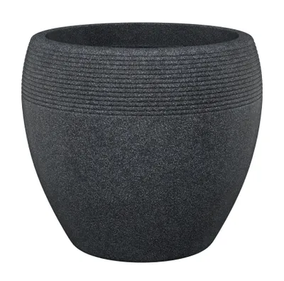 A dark gray, textured planter pot with horizontal ribbed detailing around the upper portion, presented against a white background.