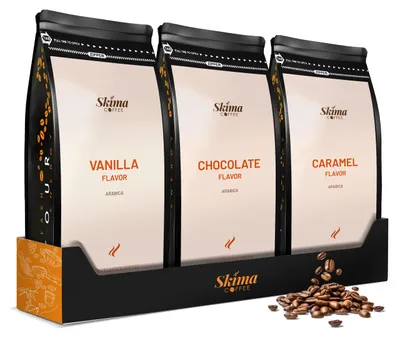 Produktbild von Kaffeebohnen 3 x 1 kg VANILLE/SCHOKOLADE/KARAMELL ARABICA aromatisiert frisch geröstet + Tassenuntersetzer