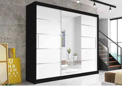 Obrázek produktu pro Šatní skříň s posuvnými dveřmi Astra, 233 cm, černá/bílá, se zrcadlem