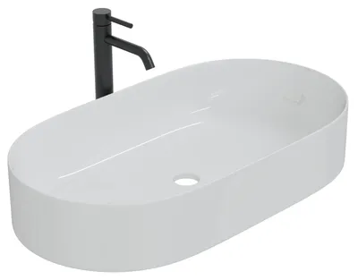 Produktbild von HAGO24 Waschbecken Keramik 60x38x12cm oval weiß Aufsatzwaschbecken schmaler Rand kratzfest Waschschale Standard-Anschluss