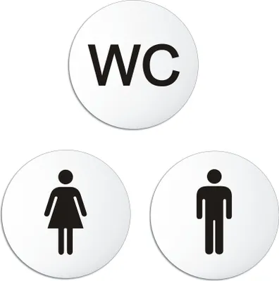 Produktbild von Toilettenschilder Damen-Herren WC-Text aus Aluminium | 3er Set WC Schilder | Ø 100 mm – UV-beständig Kratzfest
