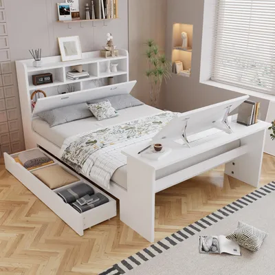 Image de Lit multifonctionnel 140x200 cm, lit pour adolescents en bois avec étagère à la tête et table rabattable | Lit avec rangement et tiroir, inclut un sommier à lattes, sans matelas – Blanc