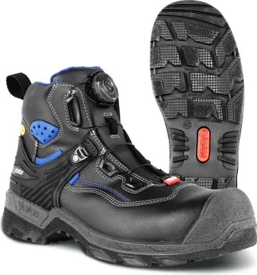 A pair of black safety boots is shown against a white background. One boot is upright, and the sole of the other boot is visible next to it.