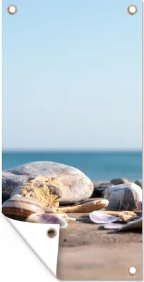 Produktbild von MuchoWow® 80x160 cm Outdoor-Poster Gartendeko Sichtschutz Garten Poster für den Garten  Muscheln - Strand - Meer - Sommer - Sonne
