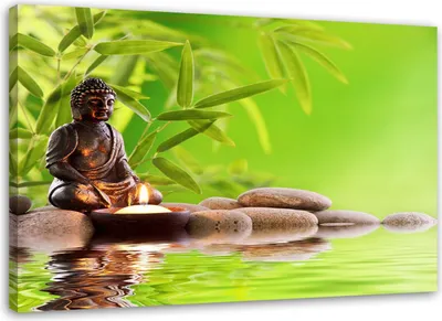 Produktbild von Leinwandbild buddha und bambusblätter 60x40 cm Feeby grün wandbild bereit zum aufhängen