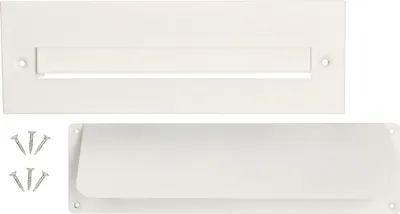 A white letterbox flap and a white mail slot cover are shown against a white background, along with four screws.