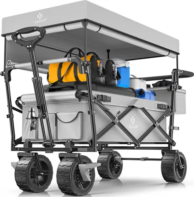 A gray foldable wagon with a canopy, loaded with various items like bags, a cooler, and a water bottle.