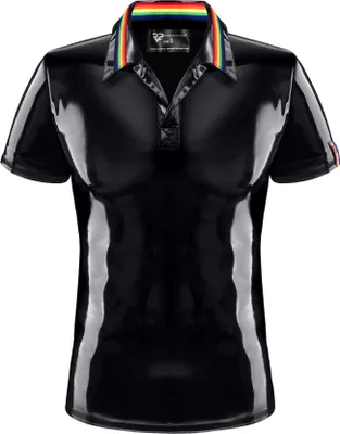 Produktbild von Regnes Fetish Planet Poloshirt Regenbogen RMRaffaeleRBW Herren Hemd mit Kragen Männer T-Shirt aus glänzendem dehnbaren Lack, schwarz, Gr. L