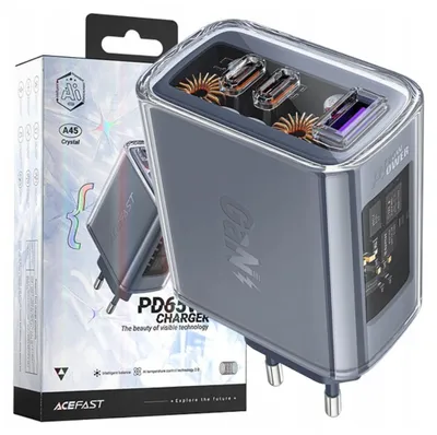 Produktbild von Acefast Gan 65W Schnellladegerät 3 Ports (1Xusb, 2Xusb C) Grau