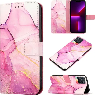 Produktbild von OPPO Realme 8 Hülle, Marmor Motiv Kunstleder Tasche Wallet Kartenfächer mit Standfunktion Klapp Schutzhülle für OPPO Realme 8 / Realme 8 Pro Rosa
