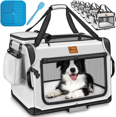 Produktbild von TRESKO® Hundebox faltbar Grau (M 61x42x42cm) inkl. Leckmatte, Spatel & Reflektoren | Transportbox für Hunde und Katzen | Hundetransportbox für kleine & große Hunde | Hundetasche robust