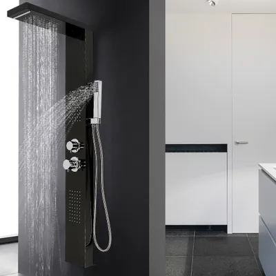 Produktbild von Duschpaneel Duschsystem Edelstahl Duscharmatur mit Massagendüsen Regendusche Handbrause Wasserfall Duschsäule 130x47x15cm Schwarz
