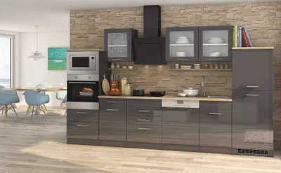 Produktbild von Küchenblock Mailand 340 cm grau hochglanz mit Geschirrspüler Glaskeramik Kochfeld Backofen Mikrowelle Kühlschrank Haube