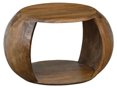 Couchtisch Mango Massivholz rund mit Ablagefach im Landhaus-Design, Gesamtansicht mit gewölbten Seitenwänden.