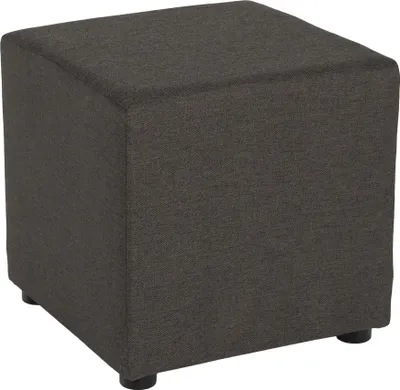 A dark gray cube-shaped ottoman with four short black legs is shown from a slightly elevated front-side angle against a white background.