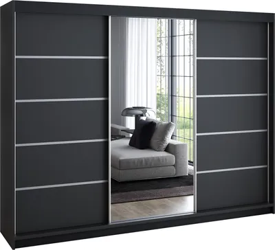 Produktbild von Schwebetürenschrank 200 cm, 3-türig, mit Spiegel & 4 Schubladen, Retro-Stil, modern, in Weiß/Schwarz/Sonoma – Kleiderschrank VILUNO 1