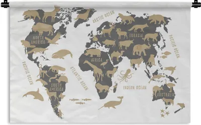 Produktbild von MuchoWow® Wandteppich Wandbehang Weltkarte - Grau - Tiere 90x60 cm Tapisserie Dekoration Wandtuch - Wandskulpturen - Bildteppich