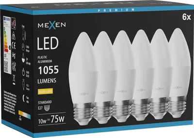 Obrázek produktu pro Mexen Nova 6x LED žárovka E27, C37, 10W, Teplá - 3000K, 1055 lm - L102-E27-1030-01x06