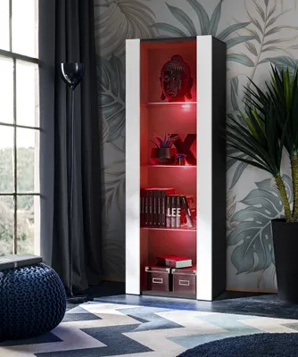Produktbild von Komodee | Vitrine Schrank Tivoli mit 3 Regalböden, Korpus Schwarz Matt Frontfarbe Weiß Matt, LED RGB