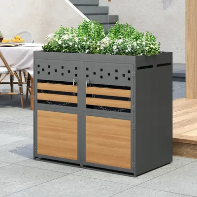 Produktbild von Flieks Mülltonnenbox für 2 Tonnen 240L, Mülltonnenverkleidung Müllbox mit Pflanzdach und Anthrazit Tür, Mülltonnenboxen Outdoor, 132x80x125cm, Grau