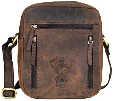 Produktbild von Biker Vintage Umhängetasche Leder mit Totenkopf V-Twin-Prägung Crossbody Tasche (Rindsleder, Braun)