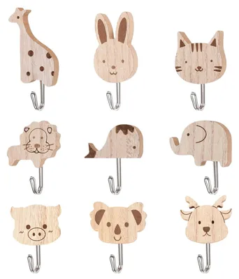 9er-Set selbstklebende Wandhaken aus Holz mit Tiermotiven